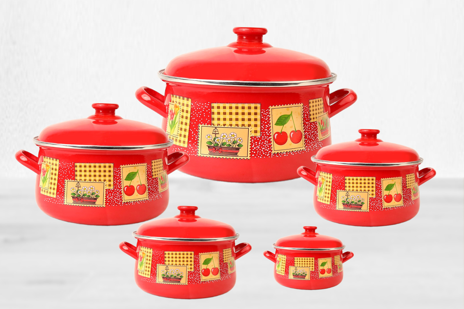 طقم حلل مينوفا إيناميل "تابلوه التراث" أحمر ملكي 10 قطع