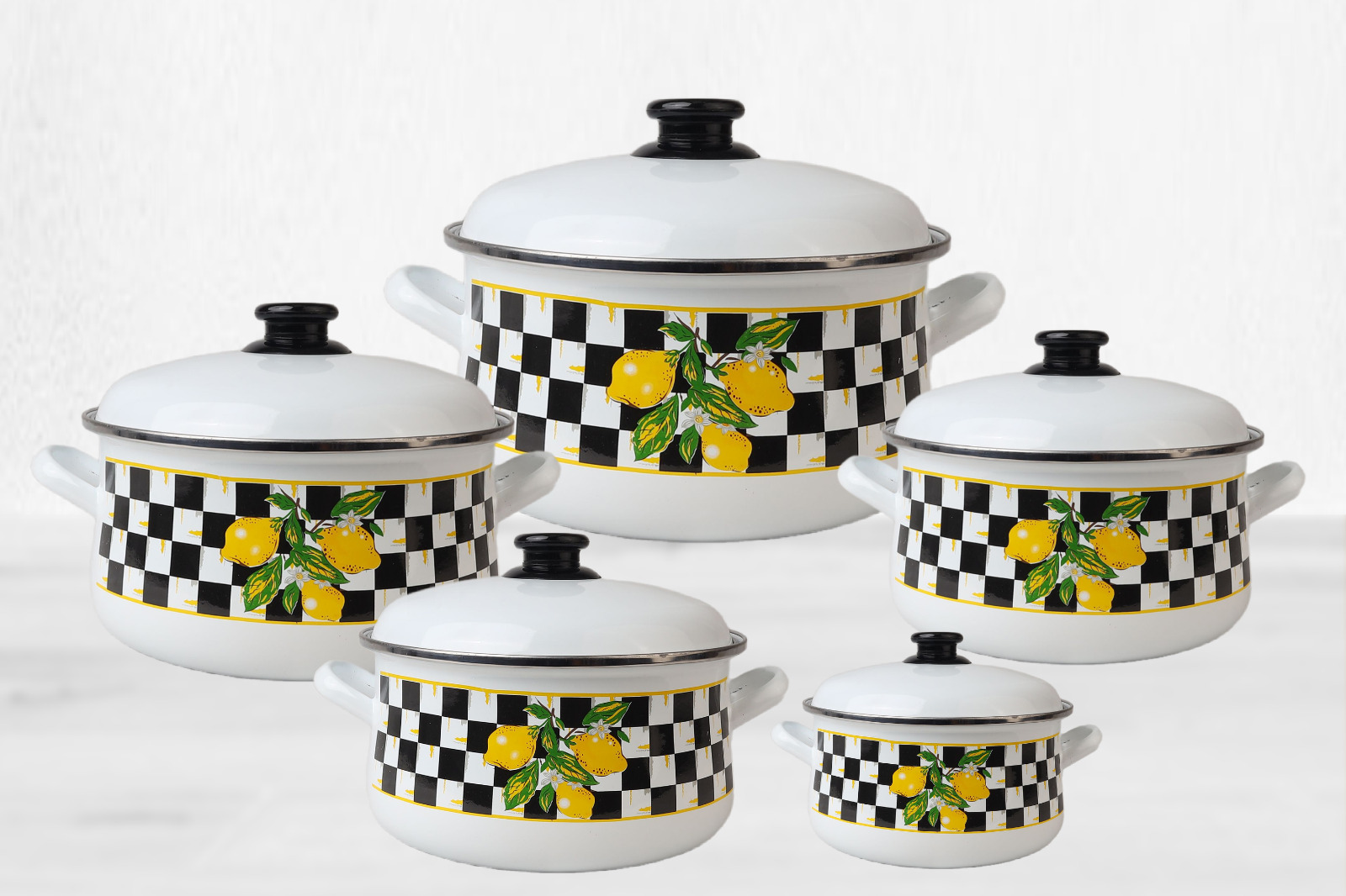 طقم حلل مينوفا إيناميل "الليمون والشطرنجي" أبيض 10 قطع